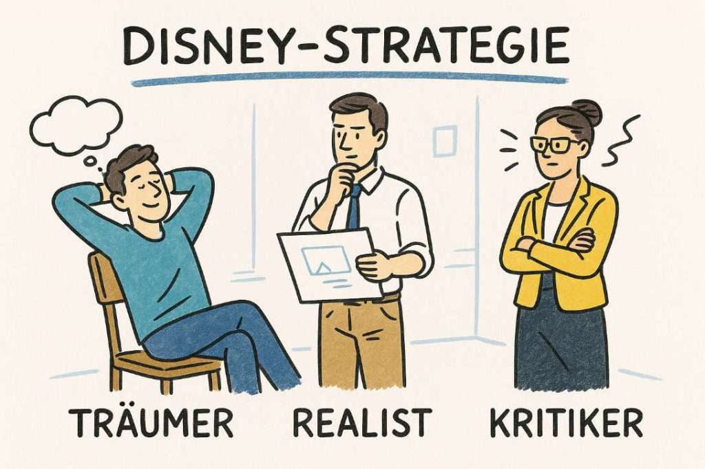 Illustration zur Disney Strategie mit drei gezeichneten Figuren in unterschiedlichen Räumen: Träumer, Realist und Kritiker – symbolisch für die drei kreativen Denkweisen nach Walt Disney.