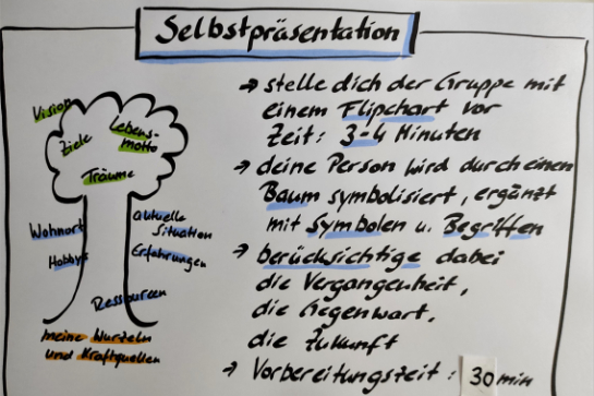 Beispiel Methode Lebensbaum als Selbstpräsentation auf einem Flipchart dargestellt