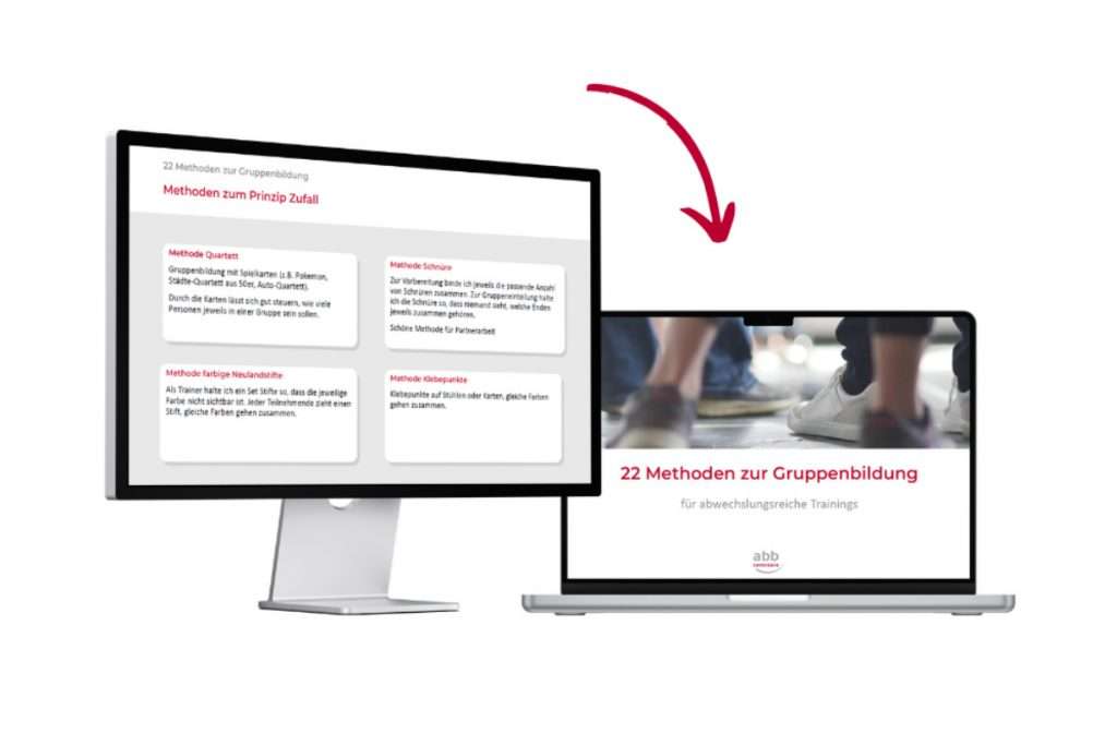 Grafik mit einem Computerbildschirm und einem Laptop auf weißem Hintergrund. Auf dem Computerbildschirm sind verschiedene Methoden zur Gruppeneinteilung für Trainings zu sehen, darunter „Quartett“, „Schnüre“, „farbige Neulandstifte“ und „Klebepunkte“. Ein roter Pfeil zeigt vom Computer zum Laptop. Auf dem Laptop steht „22 Methoden zur Gruppenbildung“ mit dem Hinweis „für abwechslungsreiche Trainings“. Die Grafik zeigt eine digitale Sammlung von 22 Methoden Gruppeneinteilung, mit denen Trainerinnen und Trainer Gruppen in Seminaren einfach und abwechslungsreich zusammenstellen können.