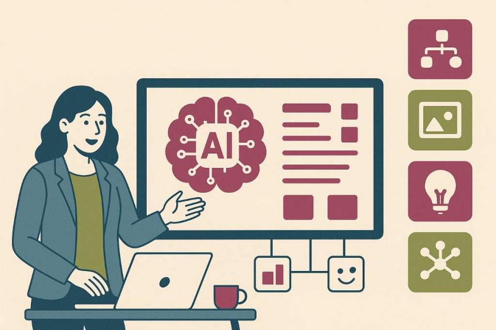 Eine Frau präsentiert ein Thema am Laptop vor einem großen Bildschirm, auf dem ein Gehirn mit dem Kürzel „AI“ abgebildet ist. Die Grafik symbolisiert künstliche Intelligenz. Um den Bildschirm herum sind verschiedene Icons zu sehen – sie stehen für kreative, organisatorische und visuelle Elemente. Die Szene zeigt auf anschauliche Weise das Thema „KI für Trainer*innen“ und verdeutlicht, wie digitale Werkzeuge das Lehren und Lernen unterstützen können.