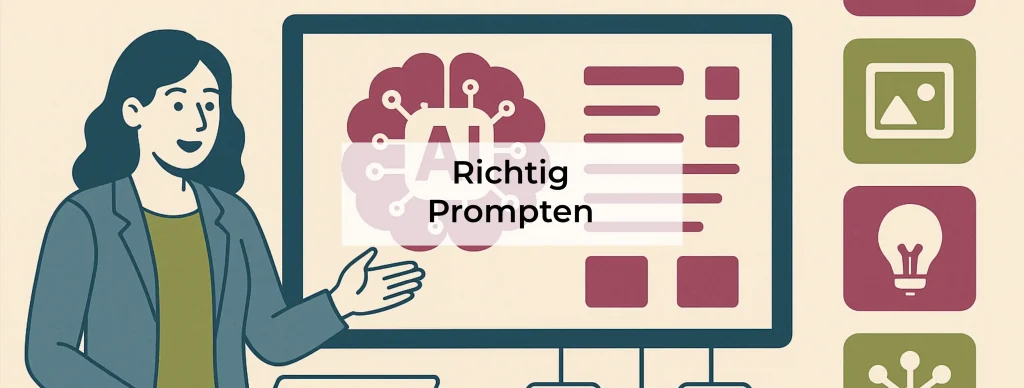 Das Bild zeigt eine gezeichnete Frau mit langen Haaren in einem Blazer. Sie steht vor einem großen Bildschirm und erklärt etwas. Auf dem Bildschirm ist ein Symbol für Künstliche Intelligenz (KI) zu sehen: ein rosa Gehirn mit dem weißen Buchstaben „AI“ in der Mitte. Daneben sind Balken und Kästchen zu sehen – das soll einen Computerbildschirm darstellen. Die Frau hat eine Hand gehoben, als ob sie etwas zeigt oder erklärt. In der Mitte des Bildes steht in dicken roten Buchstaben: Richtig Prompten. Das ist der Titel oder das Hauptthema des Bildes. Das Bild will zeigen: Es geht darum, wie man Künstliche Intelligenz (KI) gut bedienen kann – also wie man richtig promptet. Das bedeutet: die richtigen Fragen oder Anweisungen an eine KI stellen, damit sie passende Antworten gibt.