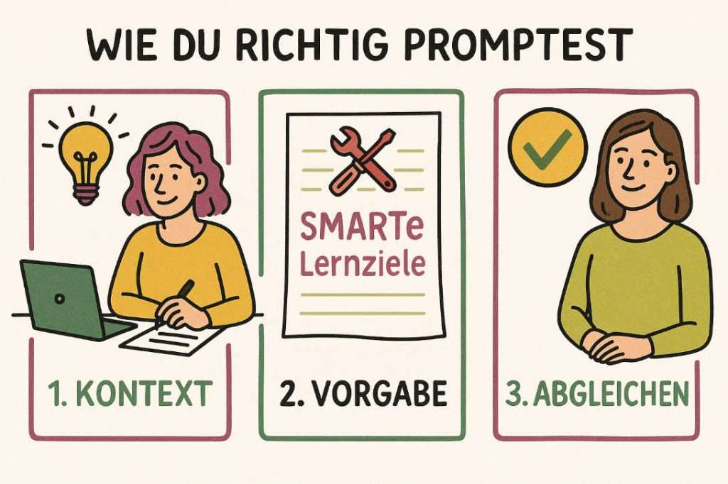 Das Bild zeigt drei gezeichnete Szenen nebeneinander. Oben steht groß der Titel: „Wie du richtig promptest“. Das Bild erklärt also das Thema Richtig Prompten in 3 Schritten.

Schritt 1: Kontext
Links sieht man eine Frau. Sie sitzt an einem Schreibtisch mit einem Laptop und einem Blatt Papier. In ihrer Hand hält sie einen Stift. Neben ihr leuchtet eine Glühbirne – ein Zeichen für eine Idee. Unten steht: 1. Kontext. Das bedeutet: Beim Prompten ist es wichtig, der KI den richtigen Zusammenhang zu geben. So weiß sie, worum es geht.

Schritt 2: Vorgabe
In der Mitte ist ein Blatt Papier mit einem Schraubenschlüssel als Symbol. Auf dem Blatt steht: SMARTE Lernziele. Darunter steht: 2. Vorgabe. Das bedeutet: Du sollst der KI genau sagen, was du willst – also eine klare Aufgabe stellen.

Schritt 3: Abgleichen
Rechts ist eine Frau mit braunen Haaren zu sehen. Sie lächelt freundlich. Daneben ist ein grüner Haken – ein Zeichen für „richtig“ oder „passt“. Unten steht: 3. Abgleichen. Das heißt: Prüfe, ob die Antwort der KI zu deinem Ziel passt.

Das Bild erklärt also in einfacher Form: Richtig Prompten in 3 Schritten – mit Kontext, klarer Vorgabe und anschließendem Abgleich.

