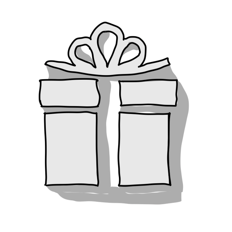 Das Bild zeigt ein handgezeichnetes Geschenkpaket. Es ist rechteckig, hat eine Schleife oben und ist mit Bändern verziert. Die Zeichnung ist in Schwarz-Weiß mit einem leichten grauen Schatten. Das Geschenk steht symbolisch für etwas Wertvolles, das man bekommt oder weitergibt. Das Bild eignet sich gut, um das Thema Positive Psychologie Ausbildung – lebendige Methoden darzustellen. Es kann zeigen: In der Ausbildung erhalten Teilnehmende viele praktische Ideen, Übungen und Impulse – wie kleine Geschenke für den Alltag oder den Beruf. Methoden, die Freude machen und leicht weitergegeben werden können.