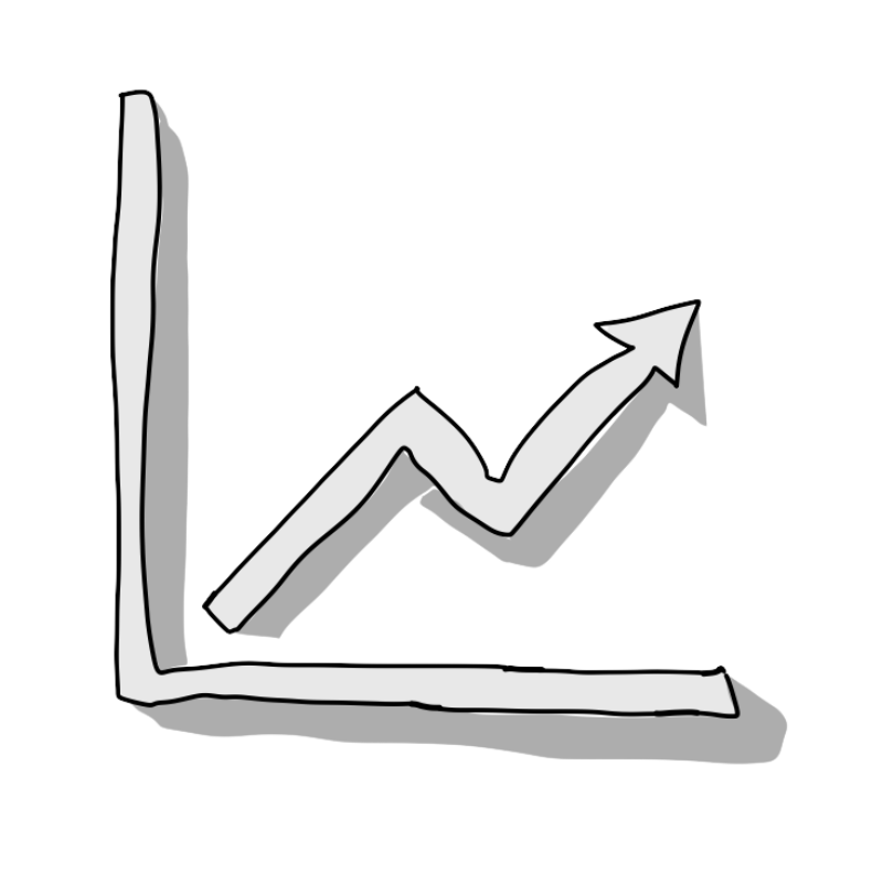 Das Bild zeigt eine einfache, handgezeichnete Grafik. Sie besteht aus zwei Achsen – eine geht nach oben, die andere nach rechts. Darauf verläuft eine gezackte Linie mit einem Pfeil, der nach oben zeigt. Die Linie symbolisiert Wachstum oder Fortschritt. Sie hat einen Schatten, der den 3D-Effekt verstärkt. Die Grafik steht sinnbildlich für Entwicklung, Erfolg und Aufschwung – Themen, die in der Positive Psychologie Ausbildung – aktuelles Wissen eine wichtige Rolle spielen.