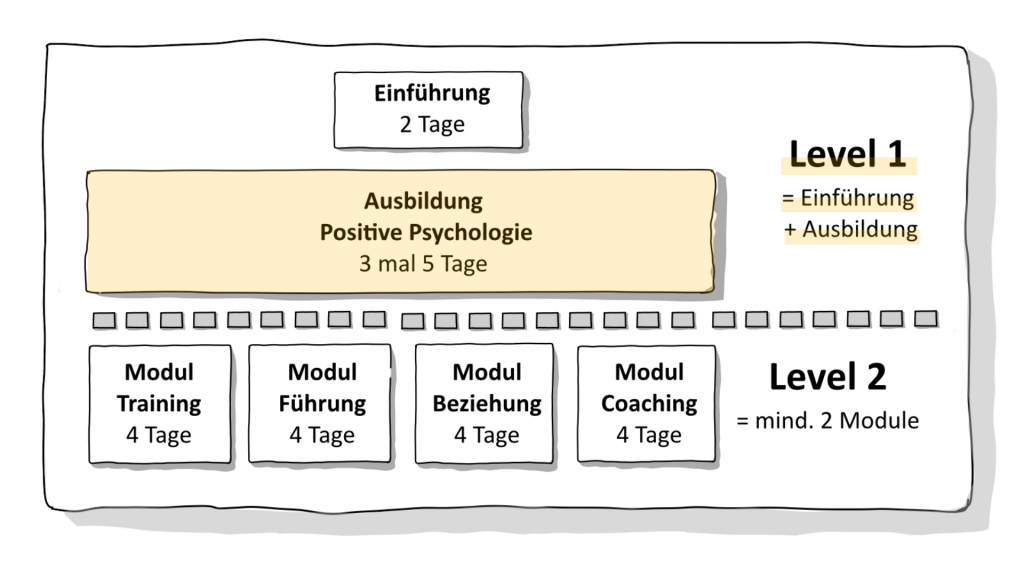 Das Schaubild zeigt den Aufbau Positive Psychologie Level 1 und Level 2. Oben steht ein weißes Feld mit „Einführung, 2 Tage“. Darunter folgt ein großes, gelbes Kästchen mit der Aufschrift „Ausbildung Positive Psychologie, 3 mal 5 Tage“. Rechts daneben steht: „Level 1 = Einführung + Ausbildung“. Das Bild erklärt: In Level 1 machst du zuerst die Einführung und dann die Ausbildung Positive Psychologie.