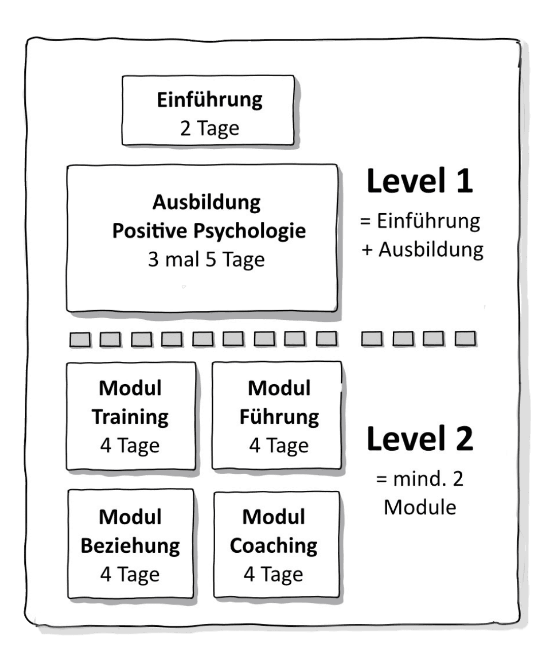 Die Grafik zeigt den Aufbau der Ausbildung Positive Psychologie. Sie ist in zwei Level unterteilt: Oben steht „Einführung – 2 Tage“. Direkt darunter kommt der Hauptteil: „Ausbildung Positive Psychologie – 3 mal 5 Tage“. Diese beiden Bausteine zusammen ergeben Level 1. Rechts daneben steht: „Level 1 = Einführung + Ausbildung“. Darunter beginnt Level 2. Dieser besteht aus mindestens zwei zusätzlichen Modulen, die je 4 Tage dauern. Die Abbildung erklärt anschaulich den Aufbau der Ausbildung Positive Psychologie in zwei Stufen – vom Einstieg bis zur Vertiefung mit Wahlmodulen.