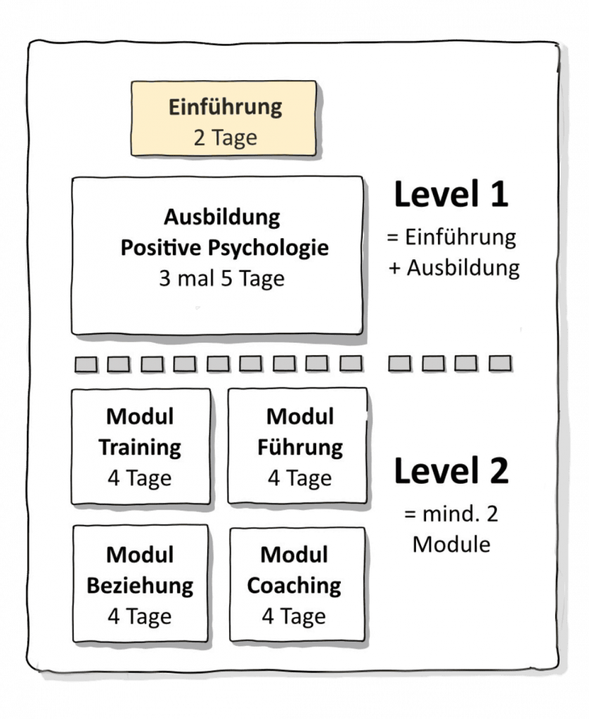 Das Bild zeigt ein Schaubild mit dem Überblick der Positiven Psychologie. Das Schaubild erklärt, dass man zuerst die Einführung Positive Psychologie macht, dann die Grundausbildung, und danach mit einzelnen Modulen in Level 2 weitermachen kann.