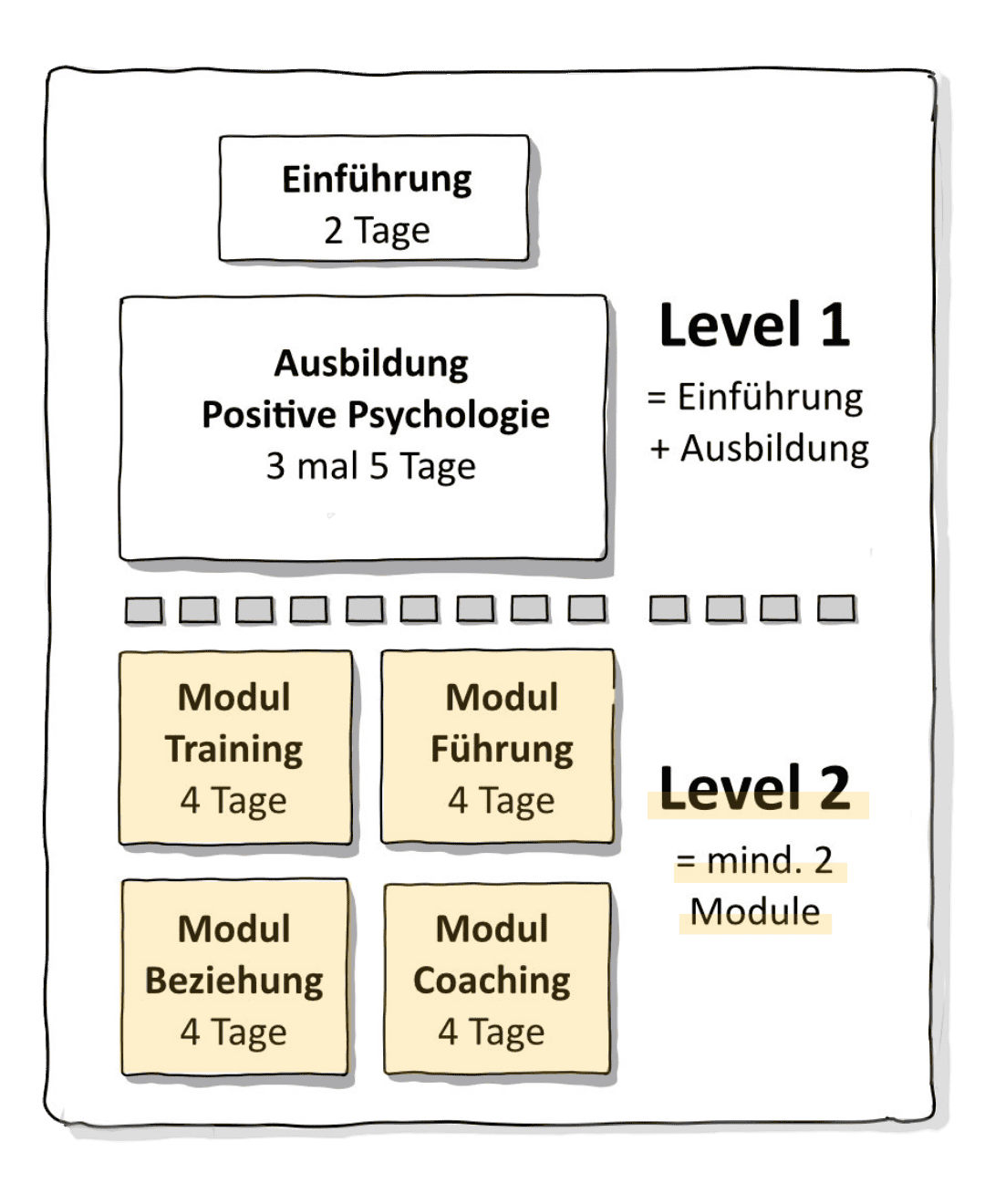 Das Bild zeigt den Aufbau der Ausbildung Positive Psychologie Level 2. Ganz oben steht „Einführung – 2 Tage“. Darunter folgt ein großer Kasten mit der Grundausbildung: „3 mal 5 Tage“. Gemeinsam ergeben diese beiden Elemente Level 1. Unterhalb ist eine Trennlinie mit kleinen Kästchen dargestellt. Danach folgen vier einzelne Module zu verschiedenen Themen: Training, Führung, Beziehung und Coaching – jeweils mit einer Dauer von 4 Tagen. Wer Level 2 absolvieren möchte, wählt mindestens zwei dieser Module.