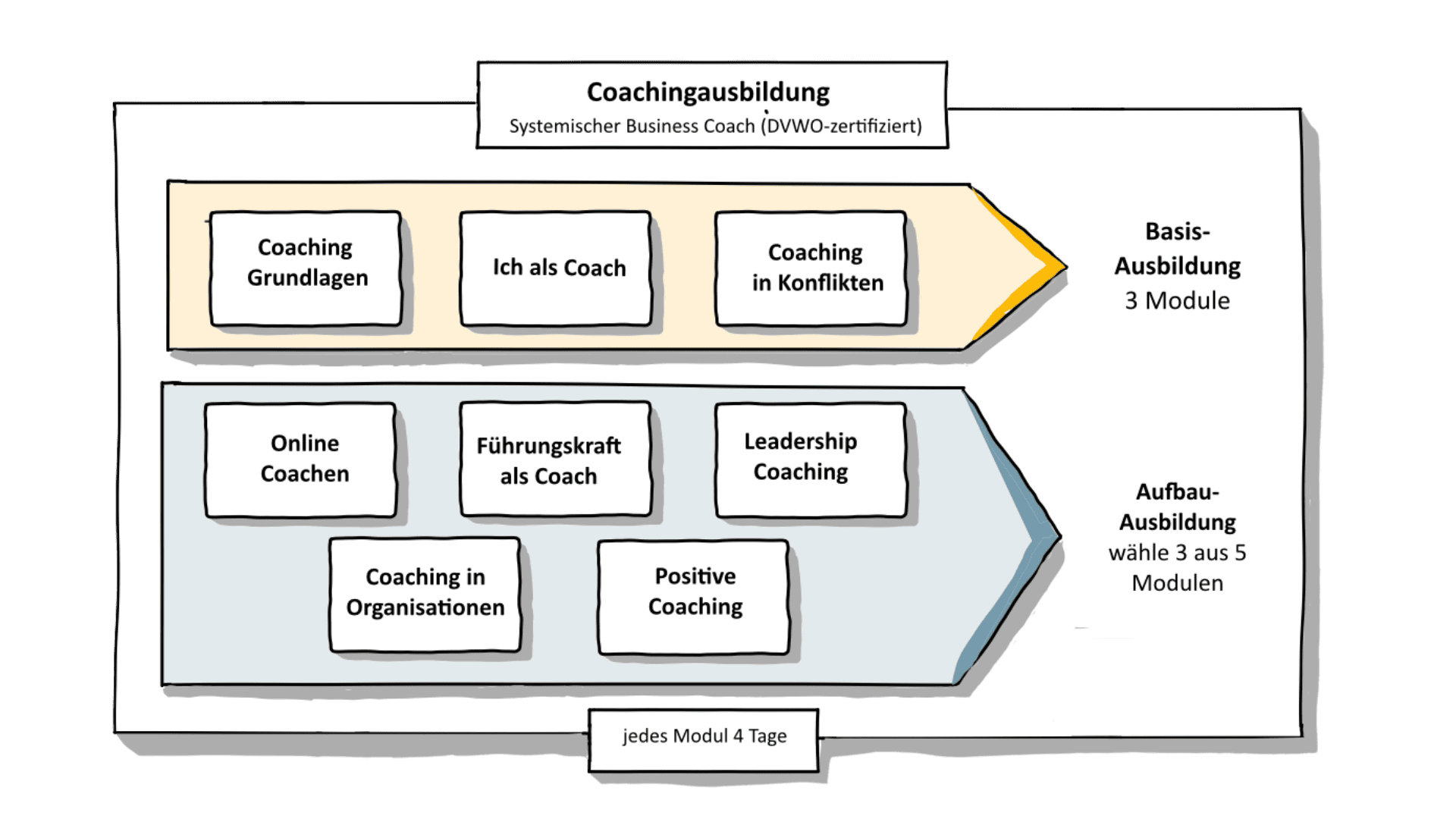 Das Schaubild zeigt den Aufbau der Coachingausbildung Systemischer Business Coach (DVWO-zertifiziert). Oben ist ein Kasten mit der Überschrift ‚Coachingausbildung‘ zu sehen. Darunter sind zwei Pfeile nebeneinander dargestellt. Der obere Pfeil steht für die Basis-Ausbildung mit drei Modulen: Coaching Grundlagen, Ich als Coach und Coaching in Konflikten. Der untere Pfeil steht für die Aufbau Ausbildung Systemischer Business Coach. Hier können Teilnehmende drei aus fünf Modulen wählen: Online Coachen, Führungskraft als Coach, Leadership Coaching, Coaching in Organisationen und Positive Coaching. Unter der Grafik steht: ‚Jedes Modul dauert vier Tage‘. Das Bild veranschaulicht übersichtlich, wie die gesamte Ausbildung in Basis- und Aufbaumodule gegliedert ist.
