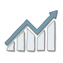 Die Grafik zeigt ein gezeichnetes Balkendiagramm mit vier hellen Säulen. Über den Säulen verläuft eine blaue Linie, die sich nach rechts oben bewegt und in einem Pfeil endet. Sie symbolisiert das Thema Struktur, Sicherheit und Lernziele in der Trainerausbildung.