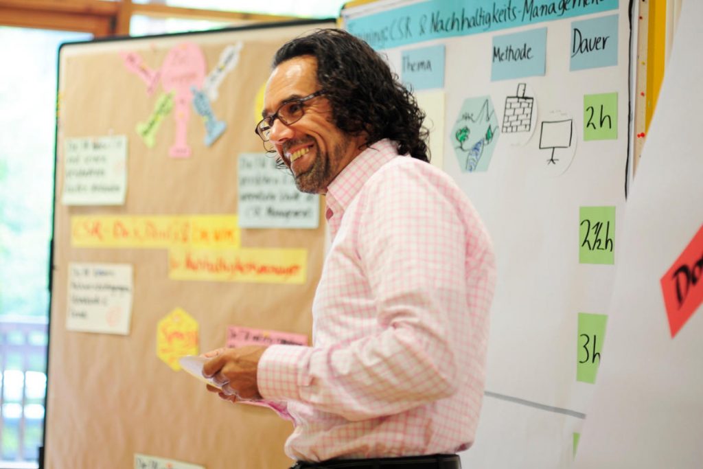 Ein Mann steht lächelnd vor einer großen Pinnwand in einem Seminarraum. Er hat dunkle, lockige Haare, trägt eine Brille und ein rosa-weiß kariertes Hemd. Er hält einige Moderationskarten in der Hand und wirkt aktiv im Austausch mit der Gruppe. Hinter ihm hängen bunte Zettel, Zeichnungen und kleine Pläne, die verschiedene Themen und Methoden zeigen. Die Szene zeigt eine lebendige Lernsituation und wirkt sehr freundlich und offen. Das Bild passt gut zum Konzept der Trainerausbildung kompakt, weil es zeigt, wie ein Trainer Inhalte erklärt, visualisiert und mit Teilnehmenden arbeitet.