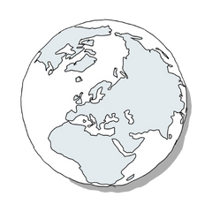 Das Bild zeigt eine gezeichnete Weltkugel. Man sieht die Kontinente von Europa, Afrika und Teilen von Asien. Die Erde ist hell dargestellt und hat eine klare, einfache Form. Das Bild steht für weltweites Denken, Verbindung und Offenheit. Es zeigt, dass Lernen überall wichtig ist. Es passt gut zur NLP Ausbildung für die heutige Zeit.