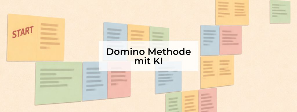Das Bild zeigt eine Wand mit vielen bunten Zetteln. Die Zettel sind in verschiedenen Farben wie Gelb, Blau, Grün und Rosa. Sie hängen nebeneinander und bilden eine Art Ablauf oder Reihenfolge. Links steht auf einem gelben Zettel das Wort „Start“. Von dort aus gehen die weiteren Zettel Schritt für Schritt weiter nach rechts. In der Mitte des Bildes liegt ein heller Textbereich. Darauf steht: Domino Methode mit KI.