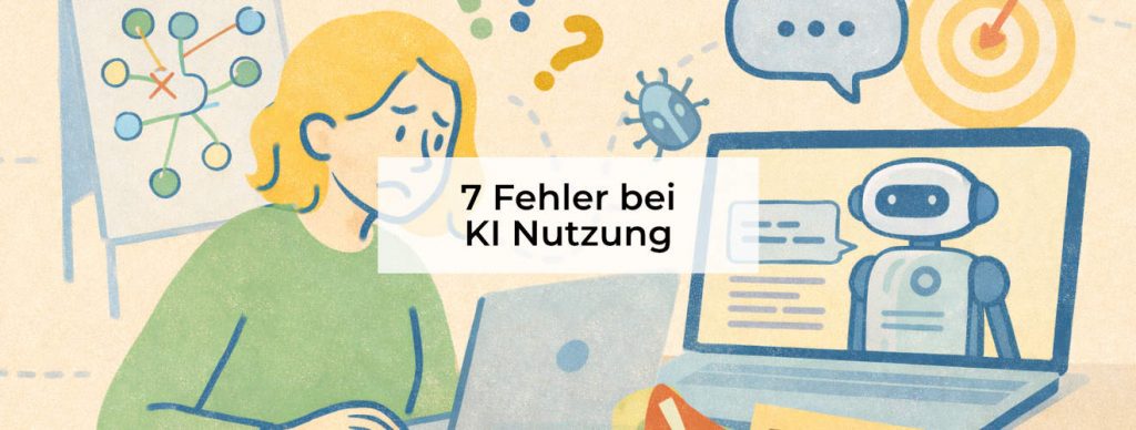 Das Bild zeigt eine gezeichnete Szene. Eine Person sitzt vor einem Laptop und schaut unsicher auf den Bildschirm. Ihr Gesicht wirkt nachdenklich und leicht besorgt. Über dem Laptop ist ein heller Kasten mit dem Text „7 Fehler bei KI Nutzung“. Auf dem Bildschirm ist ein kleiner Roboter zu sehen. Daneben sind Sprechblasen, die zeigen, dass Mensch und KI miteinander kommunizieren. Im Hintergrund sieht man Symbole wie Fragezeichen, ein Ziel und eine einfache Grafik. Diese stehen für Denken, Lernen und Entscheidungen. Das Bild macht deutlich, dass der Umgang mit KI nicht immer einfach ist. Es zeigt typische Unsicherheiten und Fragen, die dabei entstehen. Es passt gut zum Thema 7 Fehler die Trainer bei KI Nutzung machen. Es macht sichtbar, dass Du lernen kannst, KI besser zu verstehen und typische Fehler zu vermeiden.
