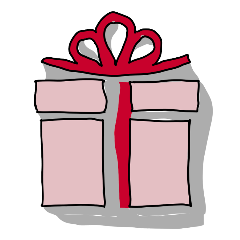Das Bild zeigt eine einfache Zeichnung eines Geschenkes mit Schleife. Das Geschenk ist rot. Das Geschenk steht für verschiedene Methoden. Das Bild passt gut zur Coachingausbildung Systemischer Business Coach – Methoden sofort nutzen. Es macht deutlich, dass du bereits während der Ausbildung die neu erlernten Methoden in deinem Arbeitsalltag nutzen kannst.