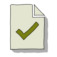 Eine einfache Zeichnung zeigt ein Blatt Papier. Das Blatt ist leicht schräg dargestellt. Oben rechts ist eine kleine Ecke umgeknickt. In der Mitte des Blattes ist ein großes Häkchen zu sehen. Das Häkchen steht für eine erledigte Aufgabe oder ein klares Ergebnis. Das Bild passt gut zur Coachingausbildung Systemischer Business Coach - praxisnah lernen. Es zeigt, dass du Inhalte direkt anwendest und Schritt für Schritt zu klaren Lösungen kommst.