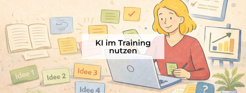Das Bild zeigt eine gezeichnete Szene. Eine Person sitzt an einem Laptop und arbeitet konzentriert. Sie hält einen kleinen Zettel in der Hand und wirkt ruhig und fokussiert. Um sie herum sind viele bunte Notizzettel mit Ideen zu sehen. Auf einigen steht „Idee 1“, „Idee 2“ oder „Idee 3“. Links liegt ein aufgeschlagenes Buch. Rechts ist eine Tafel mit einem Diagramm, das nach oben zeigt. Kleine Symbole und Zeichen stehen für Lernen, Denken und Planen. In der Mitte des Bildes steht der Text „KI im Training nutzen“. Das Bild zeigt, wie du mit Hilfe von KI neue Ideen sammelst, Inhalte planst und Trainings besser vorbereitest. Es macht deutlich, dass KI dich dabei unterstützt, kreativer und strukturierter zu arbeiten.