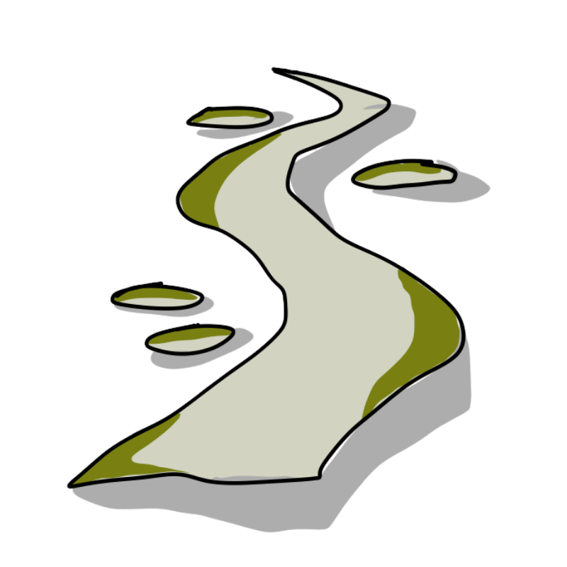 Das Bild zeigt ein handgezeichnetes Symbol mit einem geschwungenen Weg, der sich nach vorn durch eine Landschaft zieht. Der Weg verläuft in sanften Kurven und führt in die Ferne. Kleine grüne Flächen am Rand lockern das Bild auf und vermitteln den Eindruck von Entwicklung, Orientierung und einem klaren Ziel. Das Motiv passt gut zum Thema Trainerausbildung – Rolle als Trainer*in stärken. Der Weg steht sinnbildlich für den persönlichen Lern- und Entwicklungsprozess während der Ausbildung. Schritt für Schritt bauen die Teilnehmenden ihre Fähigkeiten aus, gewinnen mehr Sicherheit in ihrer Rolle als Trainer*in und entwickeln ihren eigenen Stil.