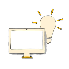 Eine einfache Illustration zeigt einen Computerbildschirm neben einer leuchtenden Glühbirne. Die Glühbirne steht für neue Ideen und Wissen. Der Bildschirm symbolisiert digitales Lernen und das Erstellen von Lerninhalten. Das Bild passt zum Thema Blended Learning Ausbildung - Selbstlerneinheiten entwickeln. Es zeigt, wie Lernmaterialien für das selbstständige Lernen geplant und gestaltet werden, damit Teilnehmende Inhalte flexibel, verständlich und im eigenen Tempo bearbeiten können.